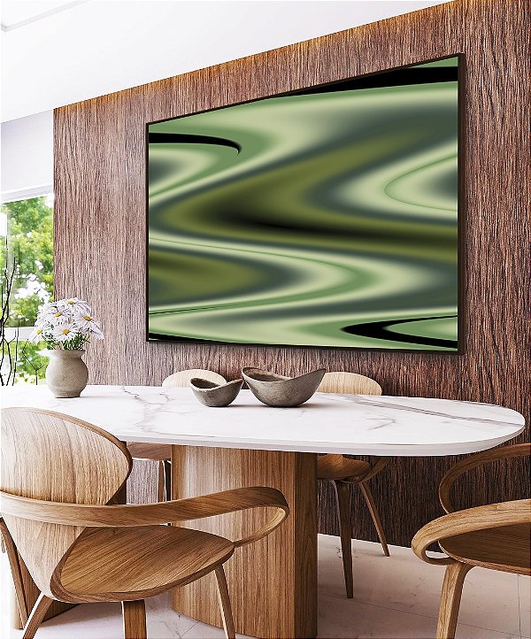 Quadro Horizontal Abstrato Verde Arte Fluida Pouring Canvas Moldura