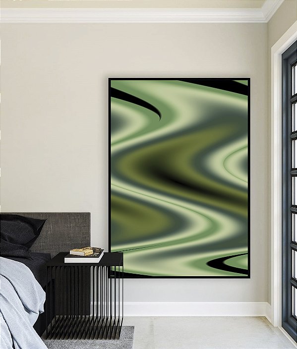 Quadro Vertical Abstrato Verde Arte Fluida Pouring Canvas Moldura