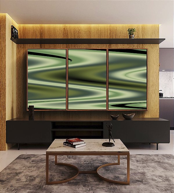 Trio de Quadros Abstrato Verde Arte Fluida Pouring Canvas Moldura