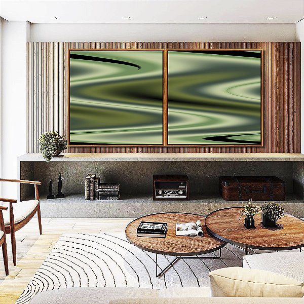 Duo de Quadros Quadrados Abstrato Verde Arte Fluida Pouring Canvas Moldura