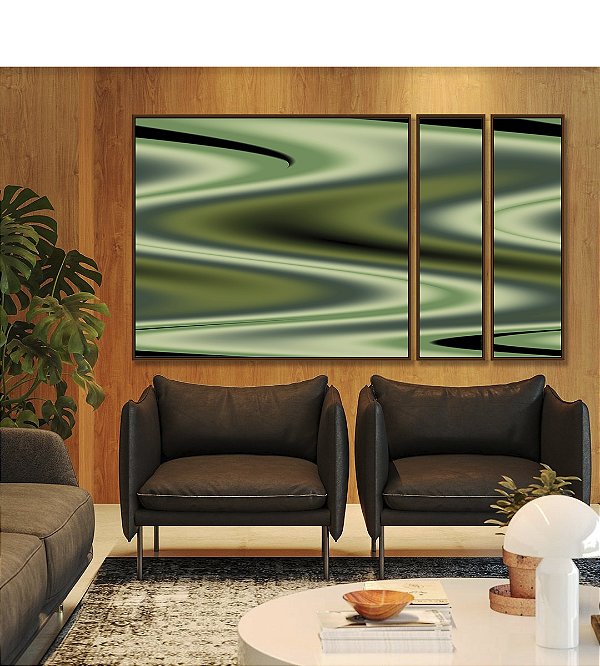 Trio de Quadros Estilizados Abstrato Verde Arte Fluida Pouring Canvas Moldura