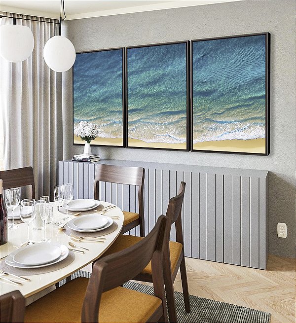 Trio de Quadros Mar Azul Calmo Litoral Praia Natureza Canvas Moldura