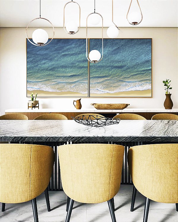 Duo de Quadros Quadrados Mar Azul Calmo Litoral Praia Natureza Canvas Moldura