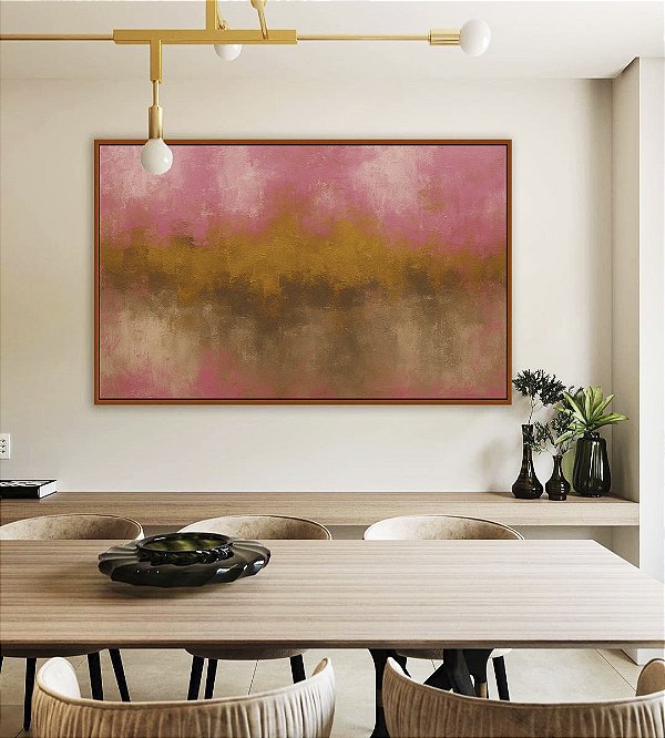 Quadro Horizontal Abstrato Rosa Dourado Marrom Canvas Moldura