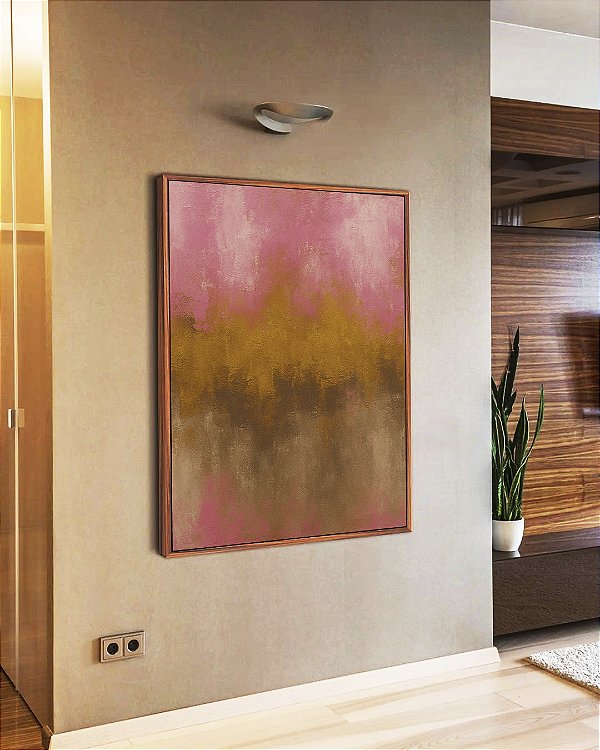 Quadro Vertical Abstrato Rosa Dourado Marrom Canvas Moldura