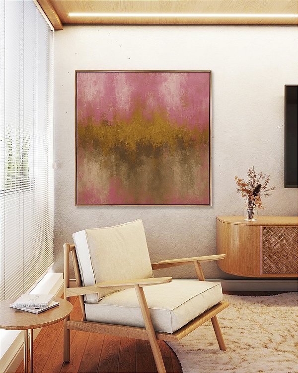 Quadro Quadrado Abstrato Rosa Dourado Marrom Canvas Moldura