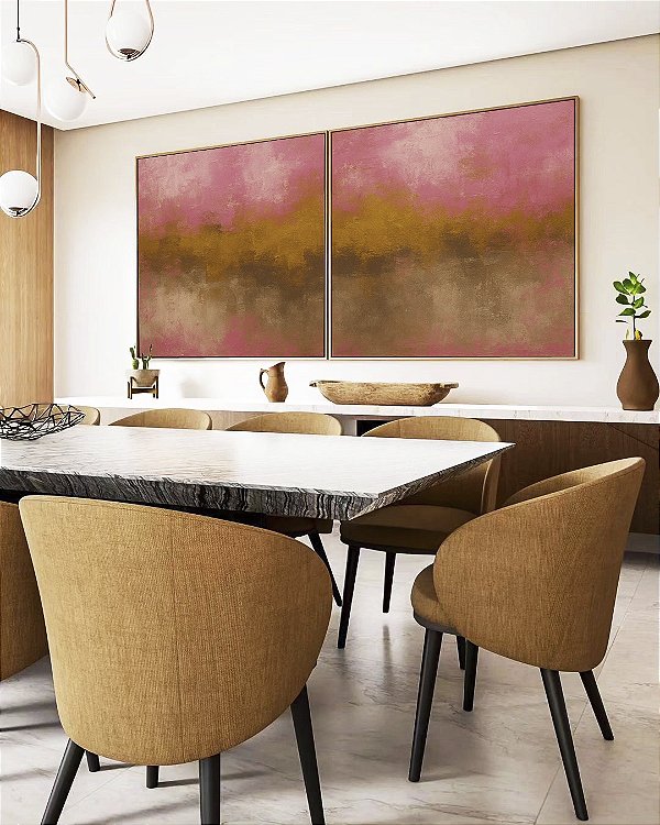 Duo de Quadros Quadrados Abstrato Rosa Dourado Marrom Canvas Moldura