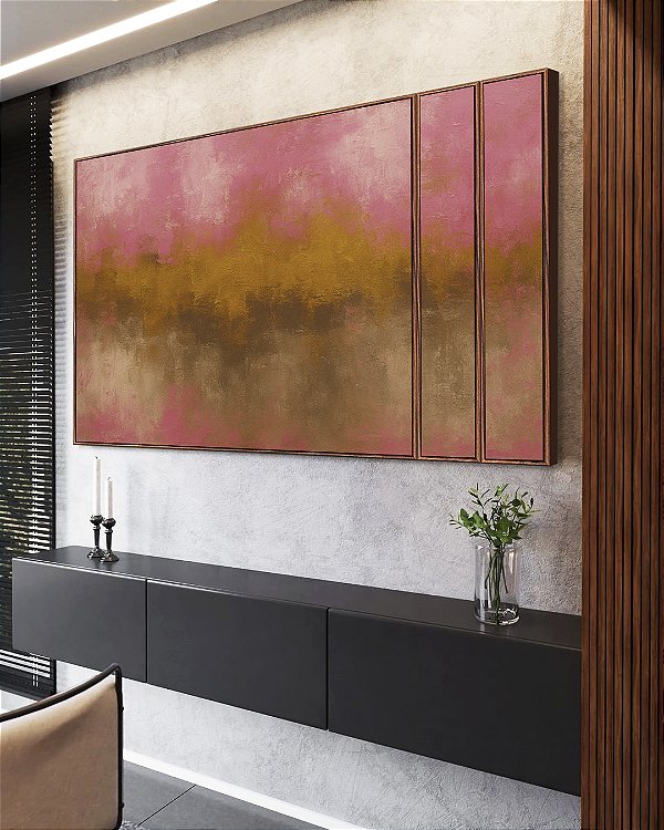 Trio de Quadros Estilizados Abstrato Rosa Dourado Marrom Canvas Moldura