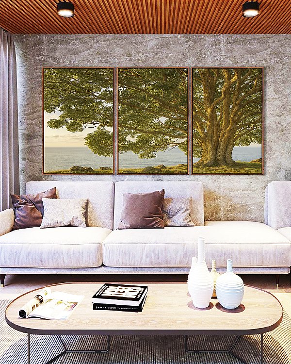 Trio de Quadros Paisagem Árvore Mar Natureza Canvas Moldura