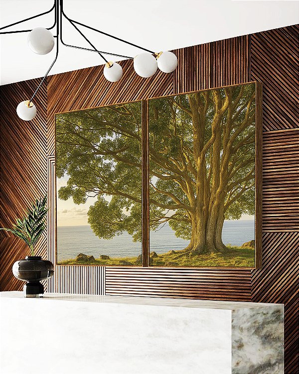 Duo de Quadros Paisagem Árvore Mar Natureza Canvas Moldura