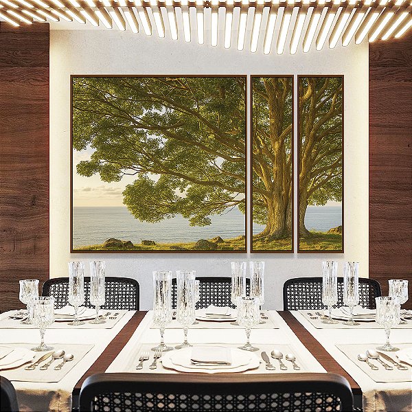 Trio de Quadros Estilizados Paisagem Árvore Mar Natureza Canvas Moldura