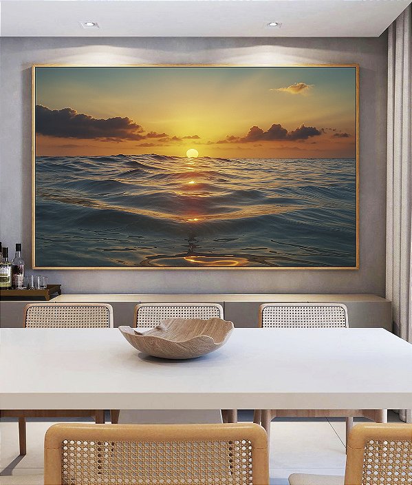 Quadro Horizontal Pôr do Sol Dourado Mar Azul Calmo Canvas Moldura