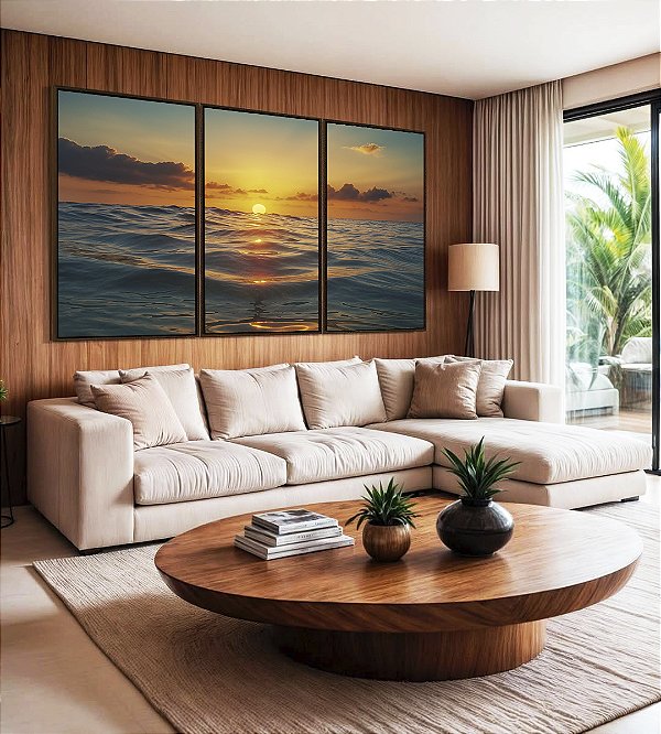 Trio de Quadros Pôr do Sol Dourado Mar Azul Calmo Canvas Moldura
