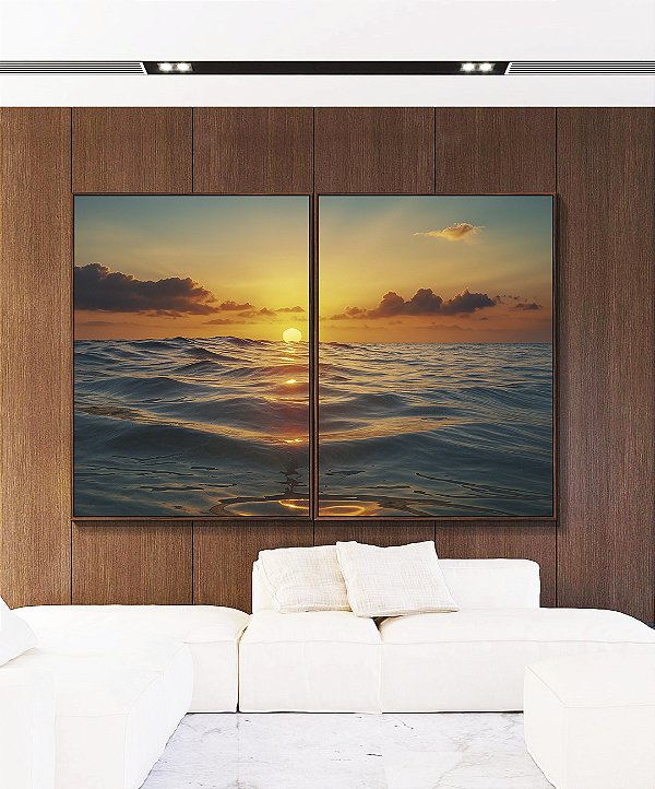 Duo de Quadros Pôr do Sol Dourado Mar Azul Calmo Canvas Moldura