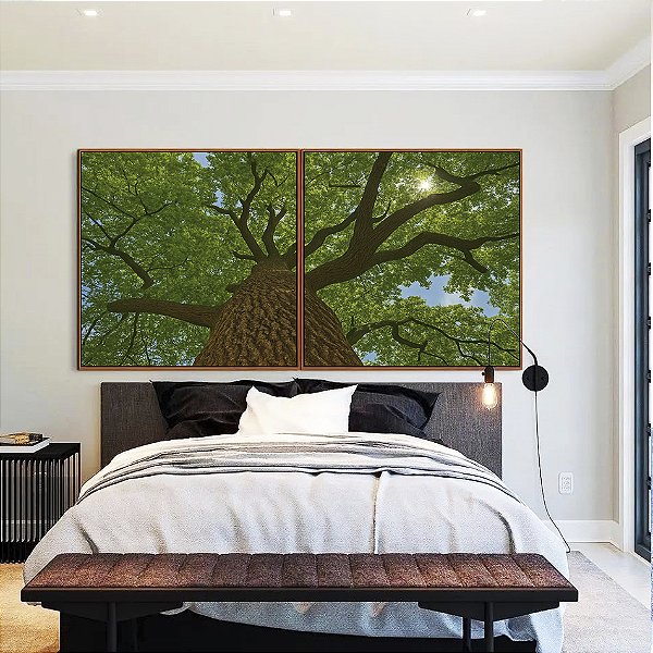 Duo de Quadros Quadrados Árvore Folhas Verde Floresta Paisagem Canvas Moldura