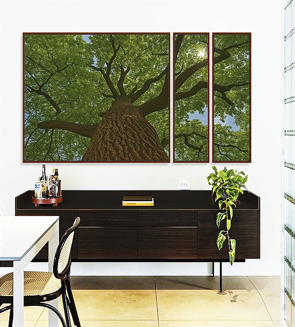 Trio de Quadros Estilizados Árvore Folhas Verde Floresta Paisagem Canvas Moldura