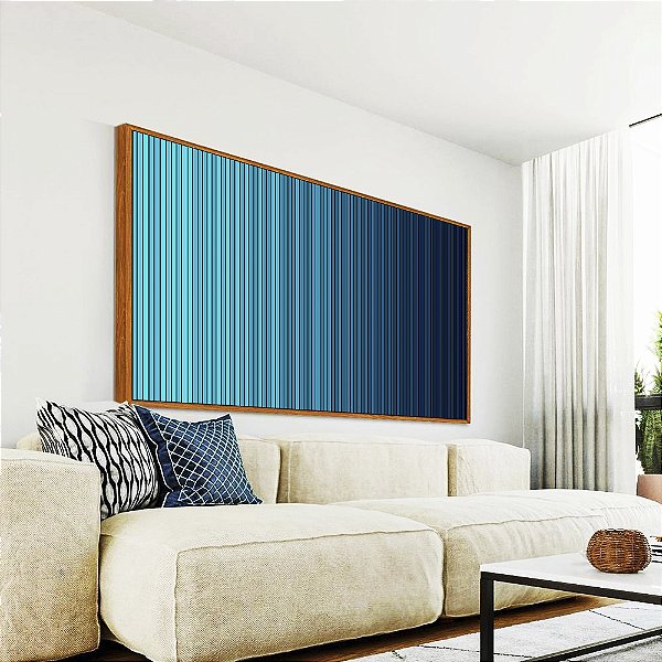 Quadro Horizontal Abstrato Listras Azul Degradê Canvas Moldura