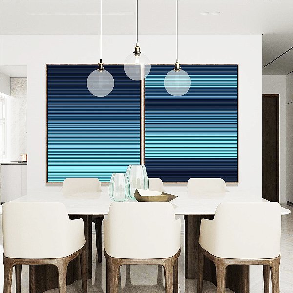 Duo de Quadros Abstrato Listras Azul Degradê Canvas Moldura
