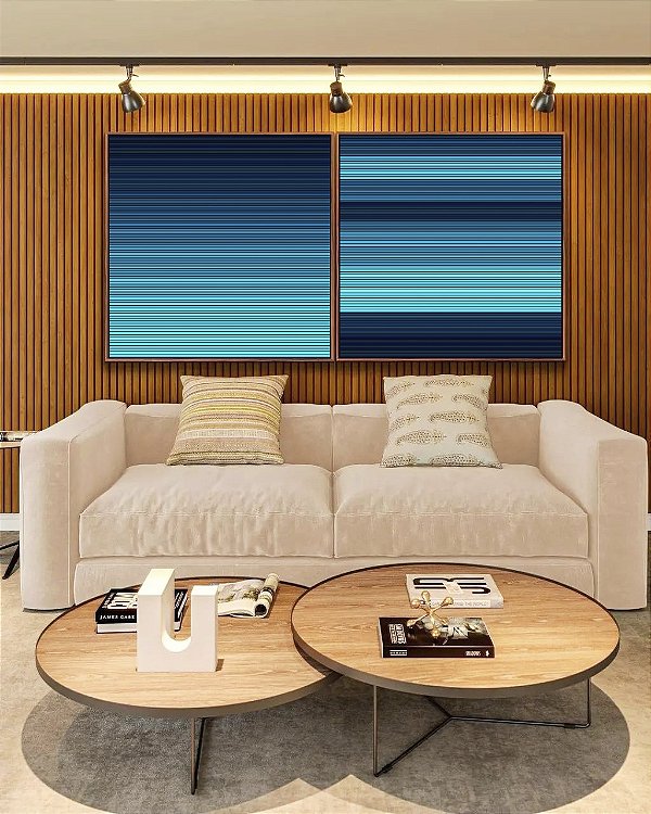 Duo de Quadros Quadrados Abstrato Listras Azul Degradê Canvas Moldura