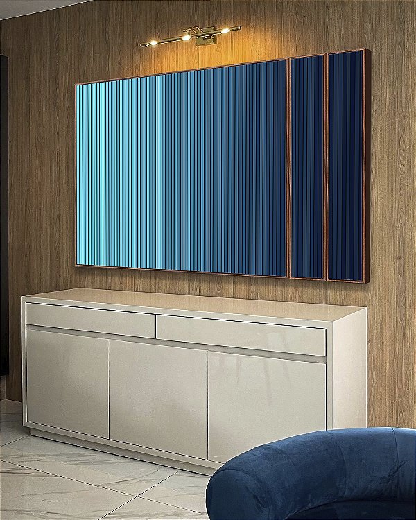 Trio de Quadros Estilizados Abstrato Listras Azul Degradê Canvas Moldura