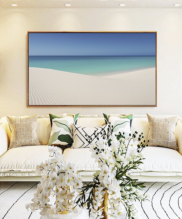 Quadro Horizontal Céu Azul Mar Calmo Praia Areia Branca Dunas Canvas Moldura
