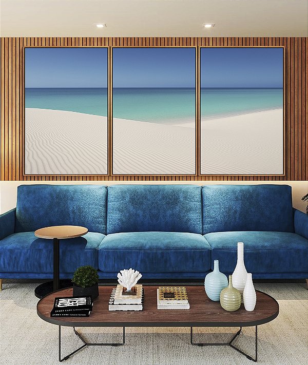Trio de Quadros Céu Azul Mar Calmo Praia Areia Branca Dunas Canvas Moldura