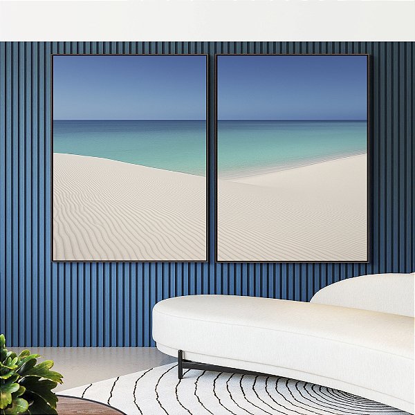 Duo de Quadros Céu Azul Mar Calmo Praia Areia Branca Dunas Canvas Moldura