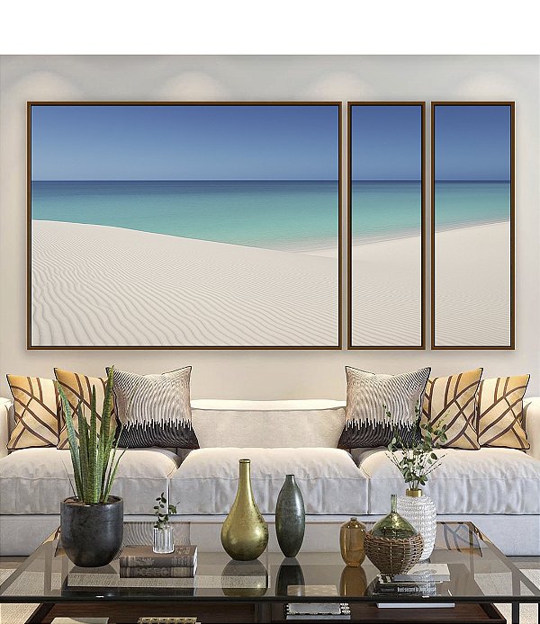 Trio de Quadros Estilizados Céu Azul Mar Calmo Praia Areia Branca Dunas Canvas Moldura