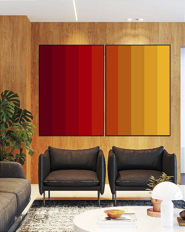 Duo de Quadros Abstrato Degradê Vermelho Laranja Amarelo Canvas Moldura