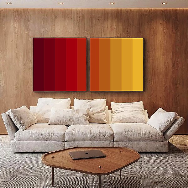 Duo de Quadros Quadrados Abstrato Degradê Vermelho Laranja Amarelo Canvas Moldura