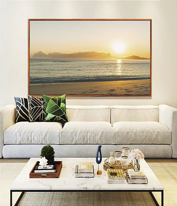 Quadro Horizontal Nascer do Sol Mar Azul Prateado Praia Canvas Moldura