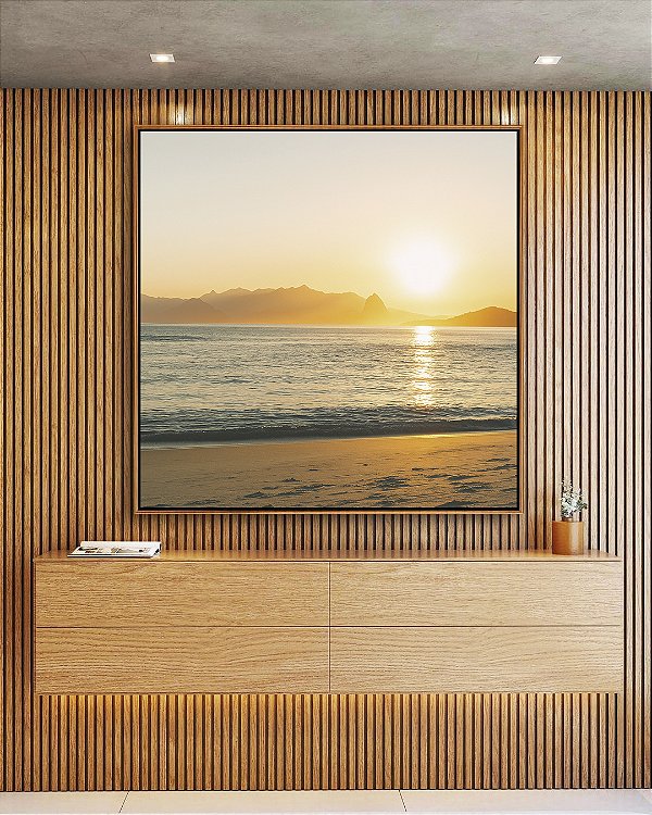 Quadro Quadrado Nascer do Sol Mar Azul Prateado Praia Canvas Moldura