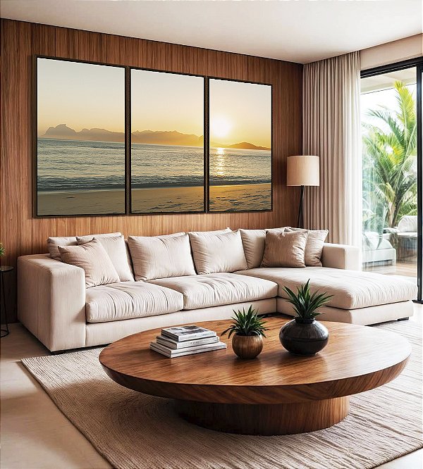 Trio de Quadros Nascer do Sol Mar Azul Prateado Praia Canvas Moldura