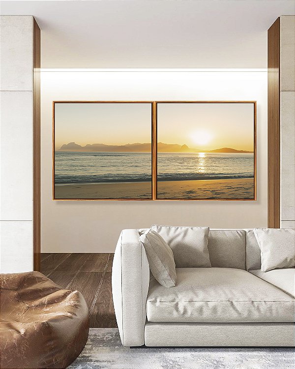 Duo de Quadros Quadrados Nascer do Sol Mar Azul Prateado Praia Canvas Moldura