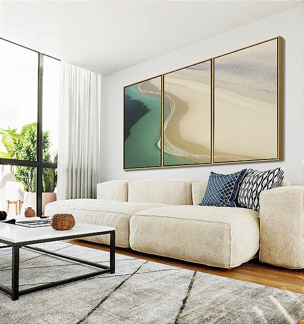 Trio de Quadros Mar Turquesa Dunas Areias Brancas Praia Canvas Moldura