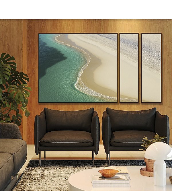 Trio de Quadros Estilizados Mar Turquesa Dunas Areias Brancas Praia Canvas Moldura