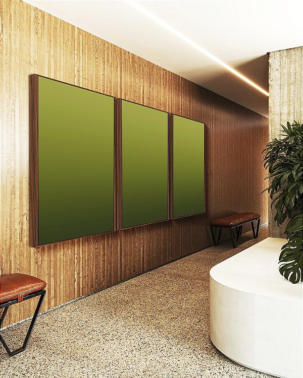 Trio de Quadros Abstrato Degradê Verde Oliva Canvas Moldura