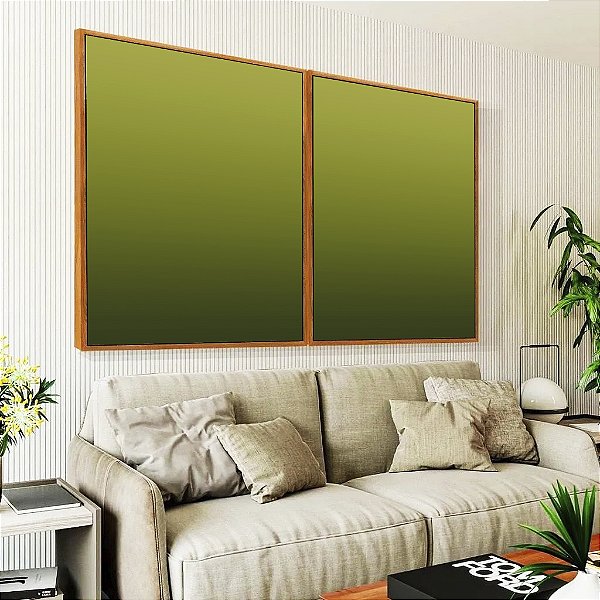 Duo de Quadros Abstrato Degradê Verde Oliva Canvas Moldura