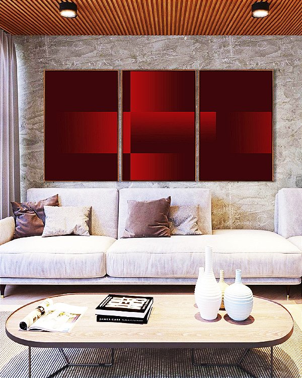 Trio de Quadros Abstrato Geométrico Degradê Vermelho Canvas Moldura