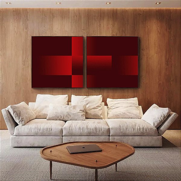 Duo de Quadros Quadrados Abstrato Geométrico Degradê Vermelho Canvas Moldura