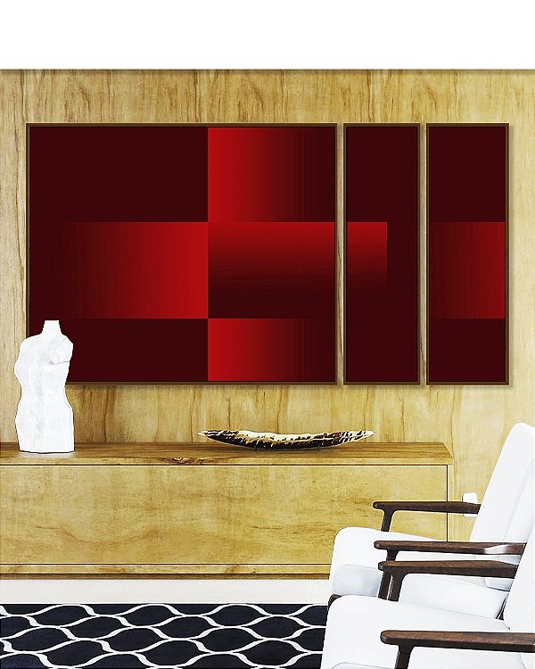Trio de Quadros Estilizados Abstrato Geométrico Degradê Vermelho Canvas Moldura