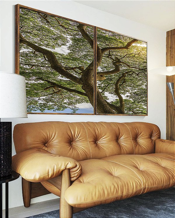 Duo de Quadros Paisagem Árvore Folhas Verdes Natureza Canvas Moldura