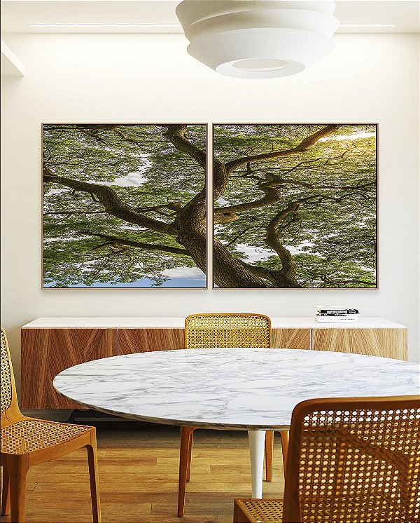 Duo de Quadros Quadrados Paisagem Árvore Folhas Verdes Natureza Canvas Moldura