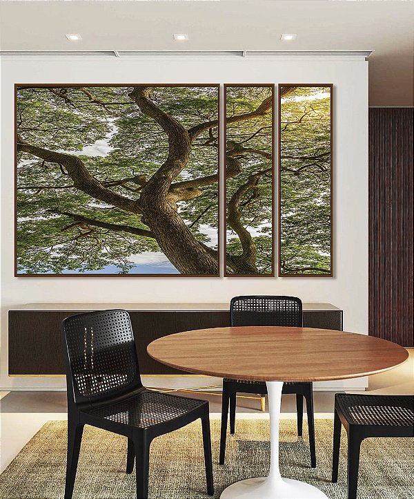 Trio de Quadros Estilizados Paisagem Árvore Folhas Verdes Natureza Canvas Moldura