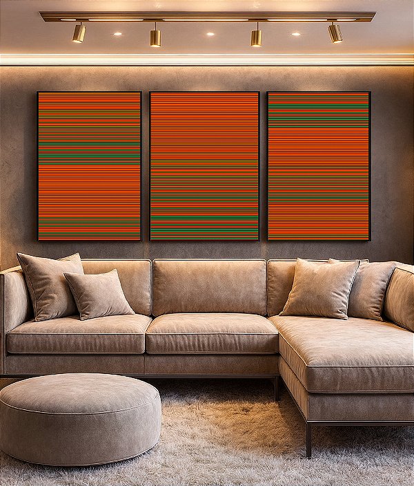 Trio de Quadros Abstrato Degradê Laranja Coral Verde Canvas Moldura