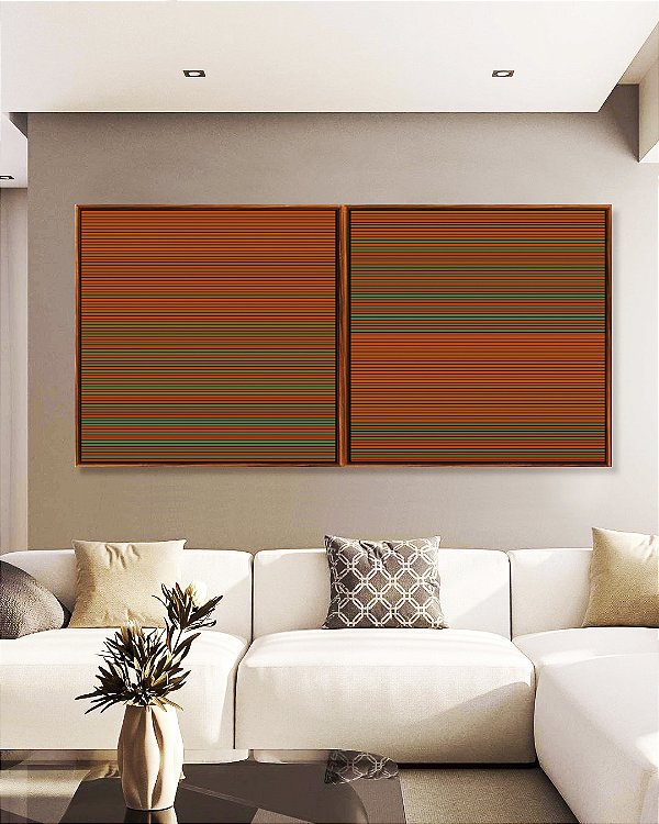 Duo de Quadros Quadrados Abstrato Degradê Laranja Coral Verde Canvas Moldura