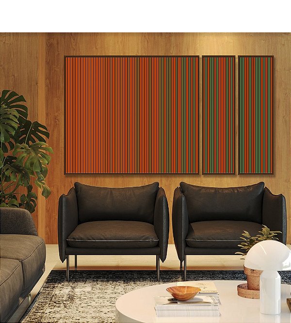 Trio de Quadros Estilizados Abstrato Degradê Laranja Coral Verde Canvas Moldura