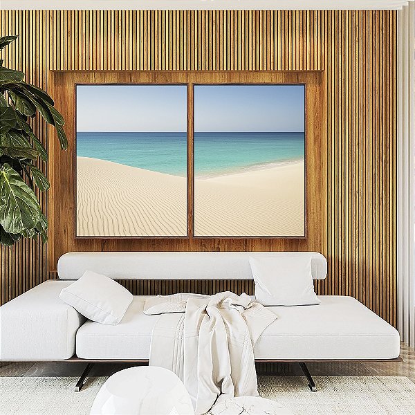Duo de Quadros Mar Azul Ceu Claro Praia Clara Canvas Moldura