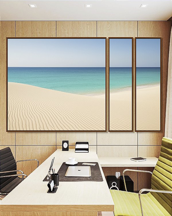 Trio de Quadros Estilizados Mar Azul Ceu Claro Praia Clara Canvas Moldura