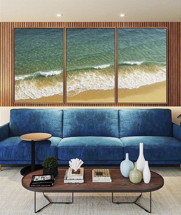 Trio de Quadros Mar Calmo Turquesa Praia Natureza Canvas Moldura